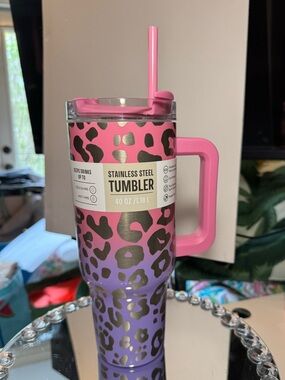 Pink & Purple Leopard Stainless Steel Tumbler with Handle 40oz NWT